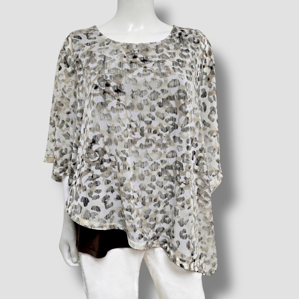 Chico’s Chiffon Asymmetrical Top Sheer Layer Sheath Animal Print Neutral Sz 0 Sm